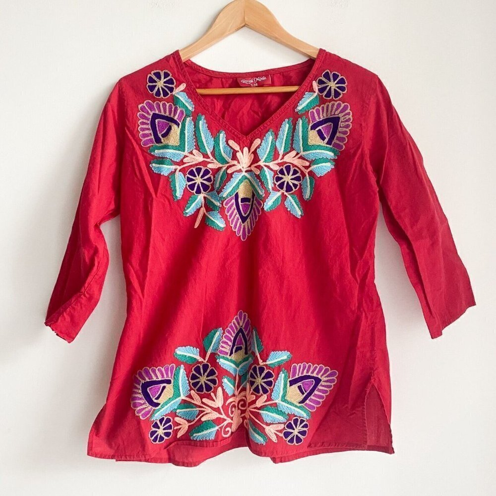 Ethnic Red Cotton Floral Emroidered Half Sleeve  Boho Top